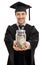 Happy graduate student with a jar filled with money