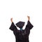 Happy graduating student raises both arms, portrait on white