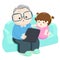 Happy granddaughter play tablet with grandfather vector.