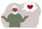 Happy grandfather thinks about love. In the balloon of thought is a red heart. Vector