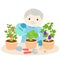 Happy grandfather watering lettuce