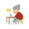 Happy grandma with laptop. Cute cartoon grandmother sitting at a table with a computer. An advanced old woman communicates on the