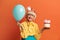 Happy Grandmother Celebrating Birthday. Lady With Cake And Inflated Balloon