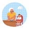 Happy grandmother feeding grandson sitting in baby chair, flat vector illustration. Grandparent grandchild relationships