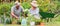 Happy grandmother and grandfather gardening