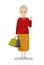 Happy grandmother in a red sweater holds purchases in hand and shows gesture well.