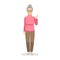 Happy grandmother in a sports pink sweater and brown pants shows a gesture perfectly. Hand gesture fine.