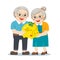 Happy Grandpa and grandma standing together with gold piggy bank.