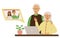 Happy grandparents has video call with their grandson and his bride. Modern technologies for senior. Vector illustration
