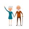 Happy grandparents holding hands standing full length smiling with walking stick. Retired elderly senior age couple.