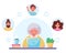 Happy granny having video call with children. Grandmother communicating online using laptop. Vector illustration