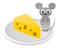 Happy gray mouse on plate with cheese on white background