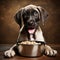 A happy Great Dane dog puppy eagerly eating its kibble from a bowl by AI generated