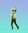 Happy green alien with human body dancing retro style dance isolated on blue background. Contemporary art collage.