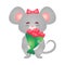 Happy grey female mouse character with a red bow on her head holding a bouquet of flowers. Vector illustration in the