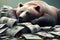 A happy grizzly bear in a business suit lies on a huge pile of money, created with Generative AI technology