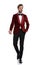 Happy groom wearing red velvet tuxedo and smiling