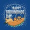 Happy Groundhog Day design with cute groundhog. marmot lies on leaves hand behind head