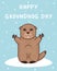 Happy groundhog day greeting card with cute wild animal and cartoon hand drawing doodle elements on blue background, editable