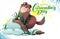 Happy Groundhog day greeting card template text lettering. Marmot crawling out hole prediction spring weather forecast