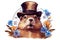 Happy Groundhog Day. Illustration of a rodent, a marmot in a hat surrounded by flowers on a white background