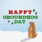 Happy groundhog day inscription on blue background. Groundhog cartoon character looking at his shadow.