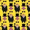 Happy Groundhog Day. Pattern of a groundhog in a tuxedo, top hat, bow tie, with a cane in his hand on a yellow background.