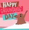 Happy Groundhog Day vector illustration with cute groundhog waking up and coming out of his burrow.