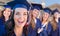 Happy Group of Girls Graduating In Cap and Gown Celebrating