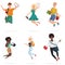 Happy group of multi ethic students friends jumping. Cartoon young people character Vector illustration.