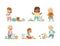 Happy and Grumpy Kids Playing Different Toys in the Nursery or Playroom Vector Set