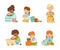 Happy and Grumpy Kids Playing Different Toys in the Nursery or Playroom Vector Set
