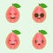 Happy guava fruit with cute kawaii faces, cute vegetable characters with phrases, tropical fruit design isolated color background