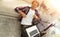 Happy guy with laptop jubilant in spacious living room.