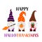 Happy Hallothanksmas. Funny Halloween Thanksgiving Christmas gnomes. Vector template for typography poster, banner