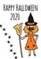 Happy Halloween 2020 greeting card template. Witch wearing a face mask and spiders. Stay home, social distancing design