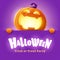 Happy Halloween. 3D illustration of cute glowing Jack O Lantern orange pumpkin character with big greeting signboard on purple