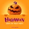 Happy Halloween. 3D illustration of cute Jack O Lantern orange pumpkin character with big greeting signboard on orange background