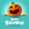 Happy Halloween. 3D illustration of cute Jack O Lantern orange pumpkin character with big greeting signboard on teal background
