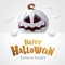Happy Halloween. 3D illustration of cute Jack O Lantern white pumpkin character with big greeting signboard on white background