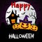 Happy Halloween background with three funny pumpkins and witch`s