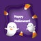 Happy Halloween banner with cute ghost characters and candy corns. Party Background in paper cut, paper craft style