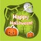 Happy Halloween banner with cute ghost characters and pumpkins. Party Background in paper cut, paper craft style