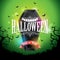 Happy Halloween banner illustration with flying bats and coffin on green night sky background. Vector Holiday design