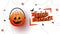 Happy Halloween banner. Jack O lantern pumpkins bucket with candy sweet, bats on white background with text