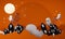 Happy Halloween banner or party invitation background with clouds, bats and glowing pumpkins and full moon