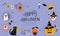 Happy Halloween banner or party invitation background with jack lamp, skull, black cat, worms, spider, ghost, eye, candy