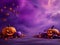 Happy halloween banner or party invitation background with violet fog clouds and pumpkins