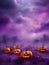 Happy halloween banner or party invitation background with violet fog clouds and pumpkins