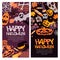 Happy Halloween banner set. Hand drawn doodle pumpkin, skull, witch hat, bones, candies, ghost, broom, cauldron.